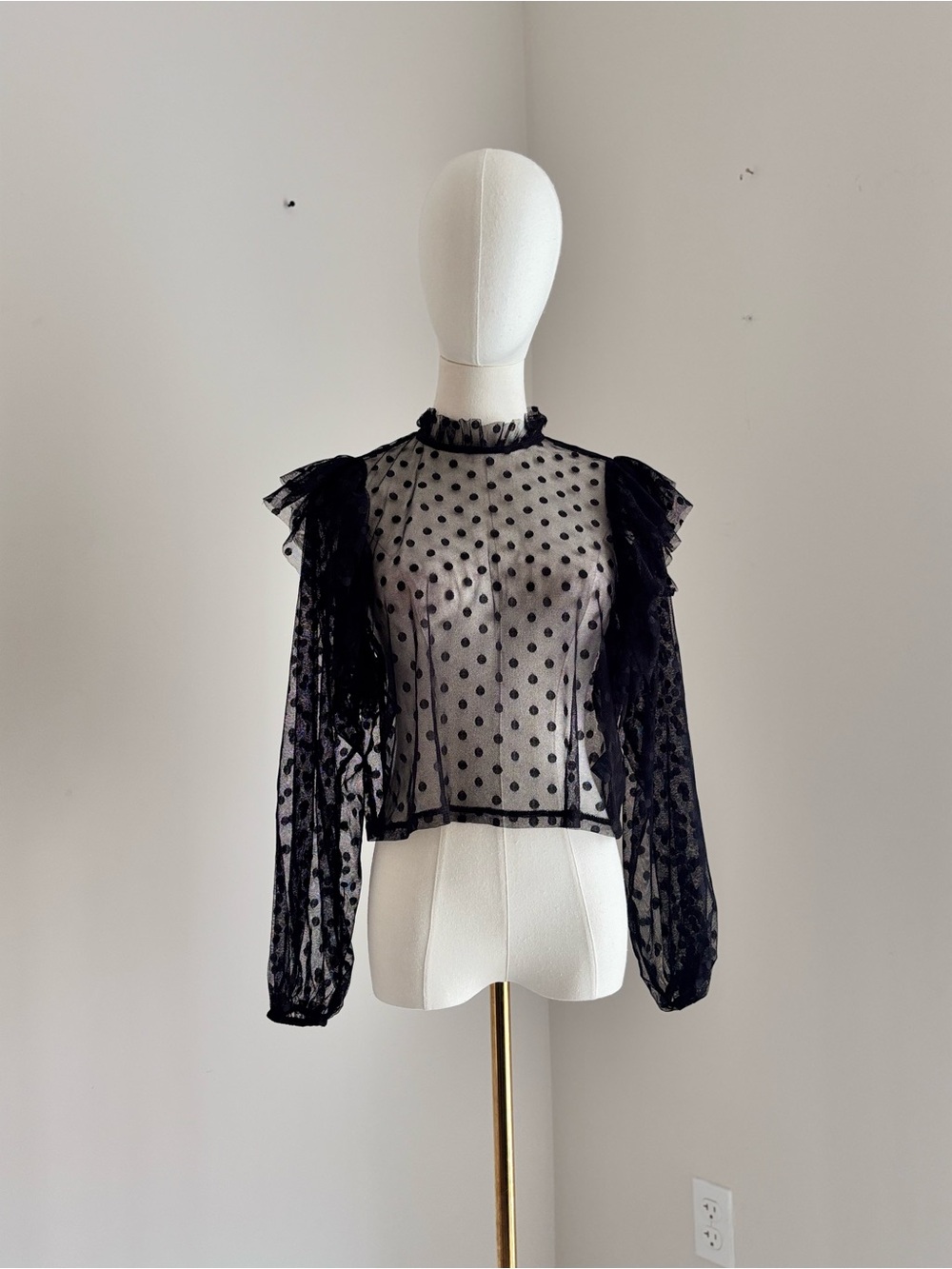 NSR Black Sheer Polka Dot Ruffle Sleeve Blouse